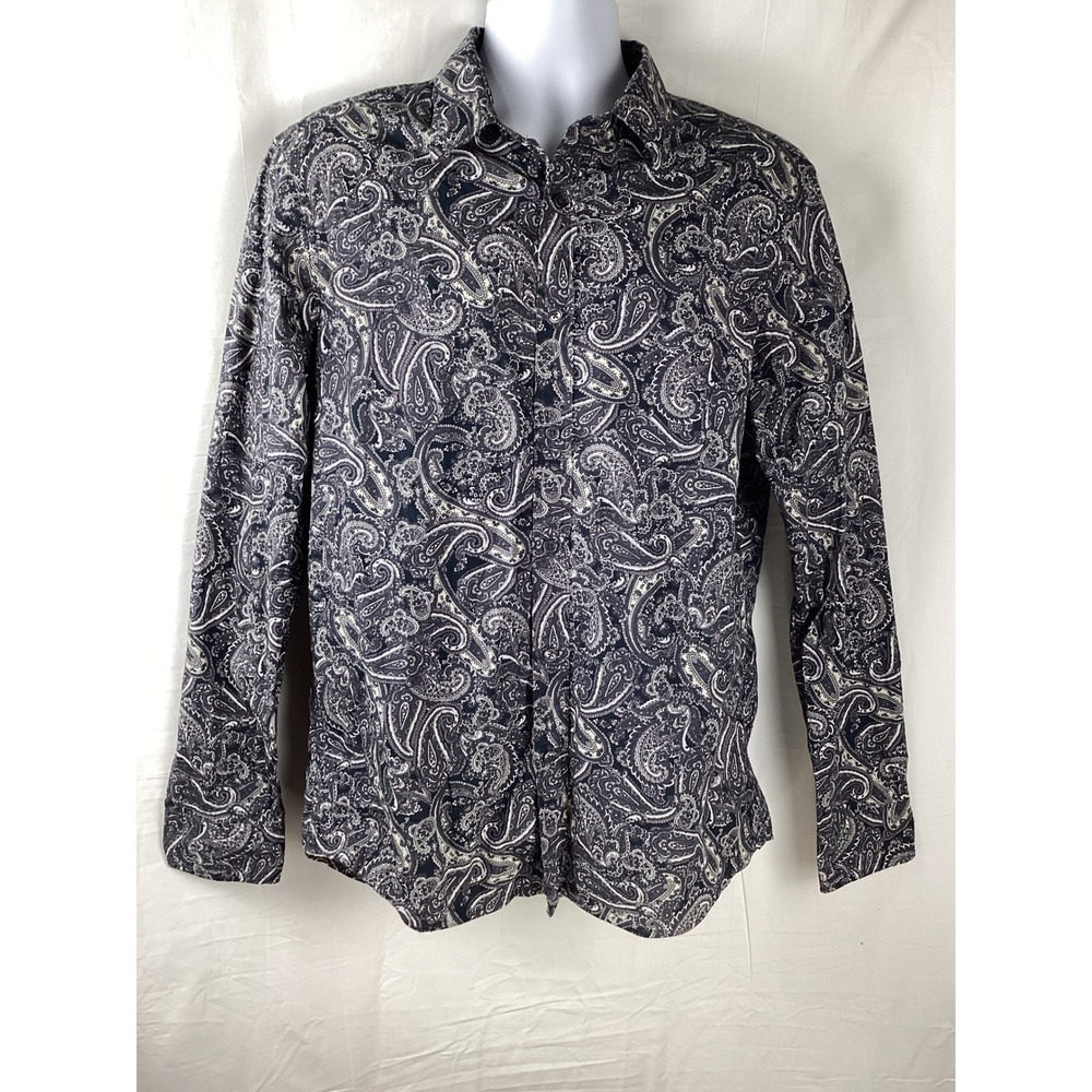 Michael Kors Button Down Shirt Men Large Blue Paisley Long Sleeve Cotton